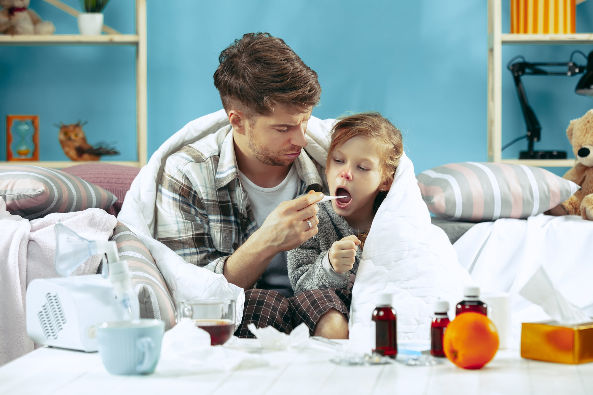 sick-man-with-daughter-at-home-the-ill-family-